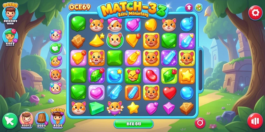 Tangkapan layar gameplay OCE69 yang menunjukkan momen mencocokkan permata.