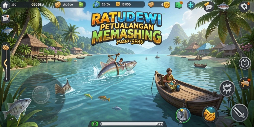 Screenshot gameplay yang menunjukkan aksi memancing seru di RATUDEWI.